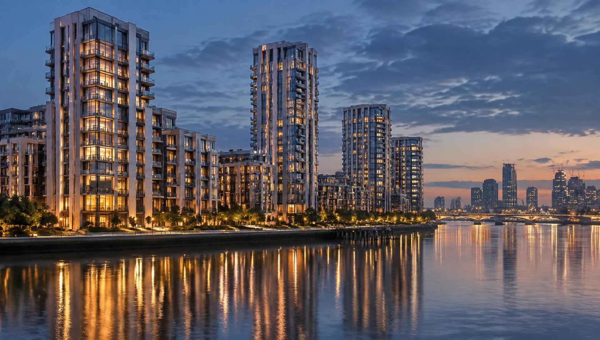 Riverside residential development in London at dusk